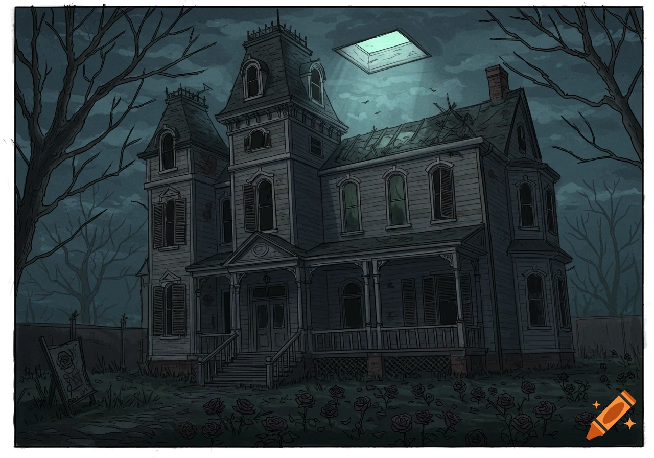 A gloomy, dilapidated haunted house at night with bare trees and wilted roses, in a comic book illustration style.