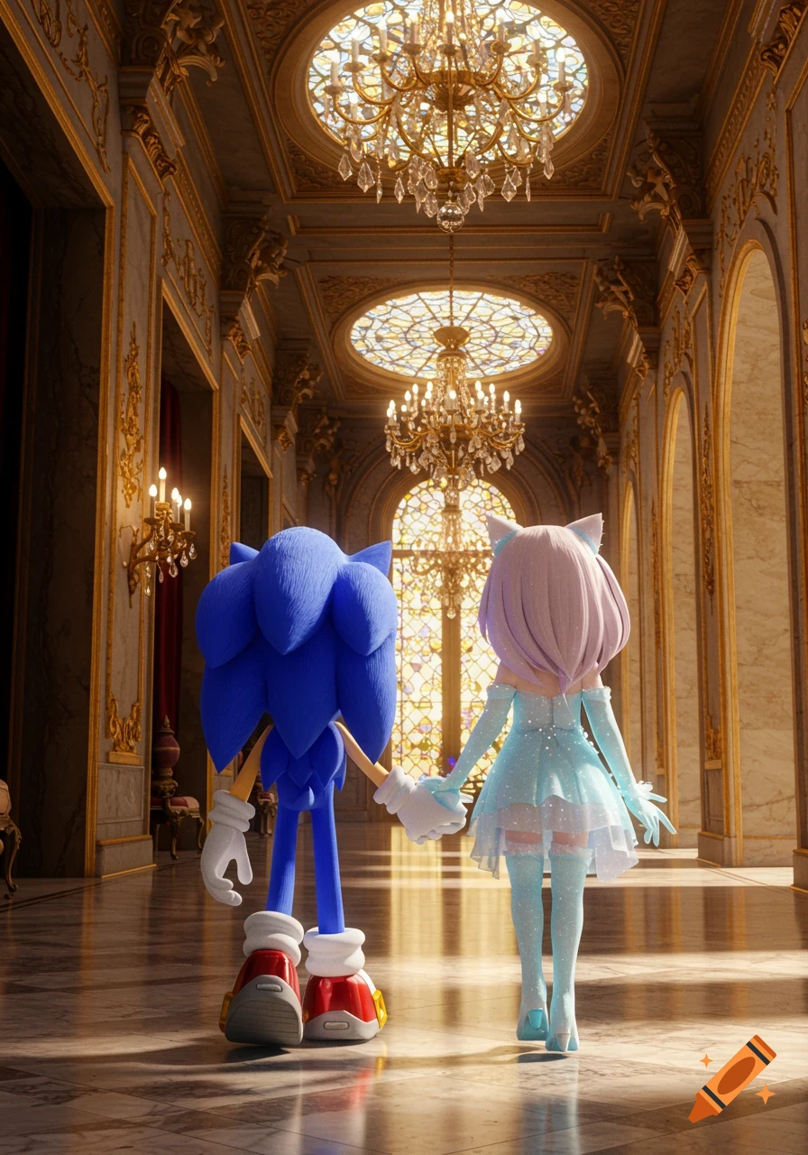 Sonic the Hedgehog and Mew Mint Aizawa walk hand-in-hand down a long, opulent castle hallway.