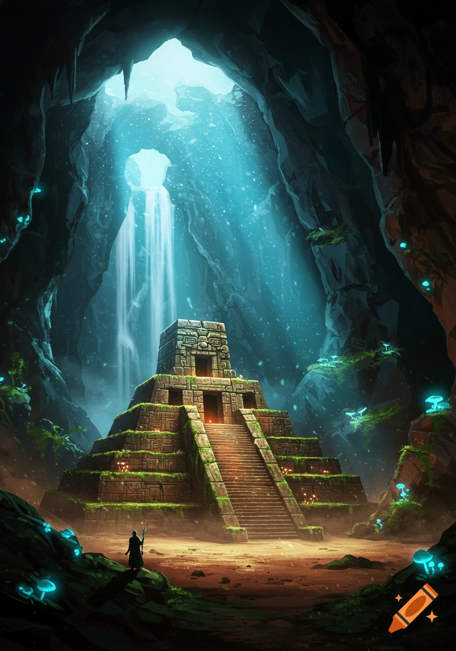A lone figure views a grand Aztec temple inside a vast, mystical cave, lit by a waterfall, glowing mushrooms, and ethereal light.