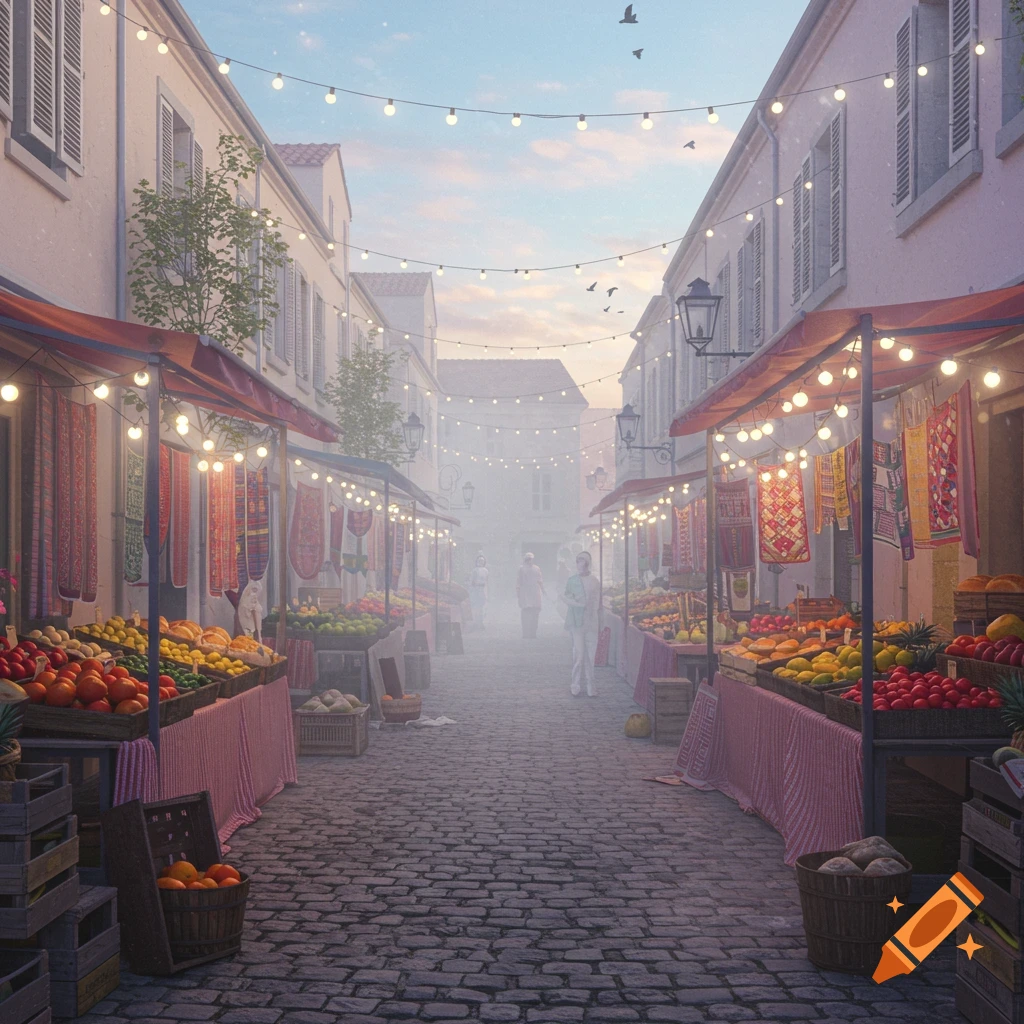 A misty street market at dawn with fruit stalls, hanging textiles, and string lights, framed by old buildings.