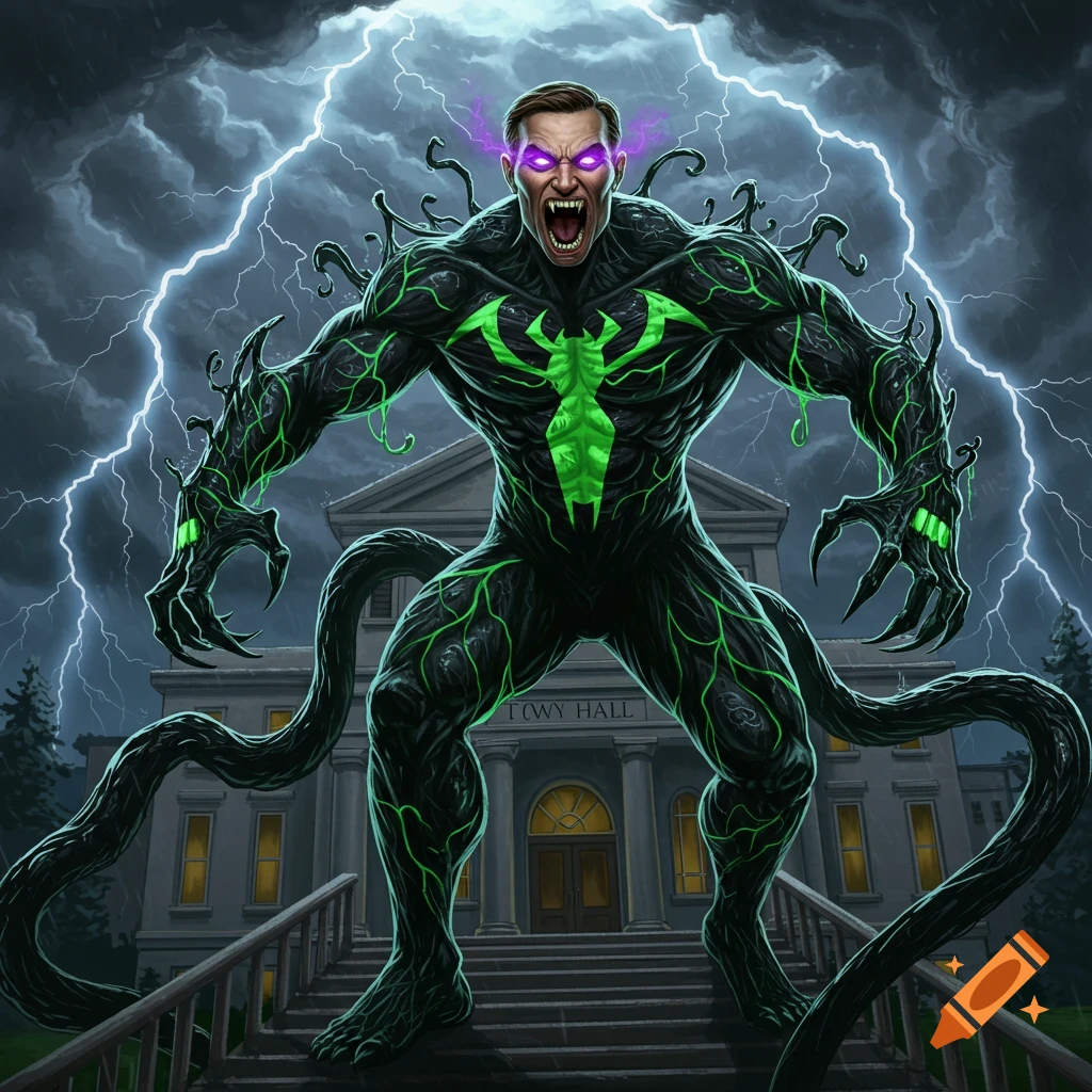 A comic book illustration of a monstrous, Venom-like man with glowing purple eyes and fangs, roaring on the steps of a building under a stormy, lightning-filled sky.