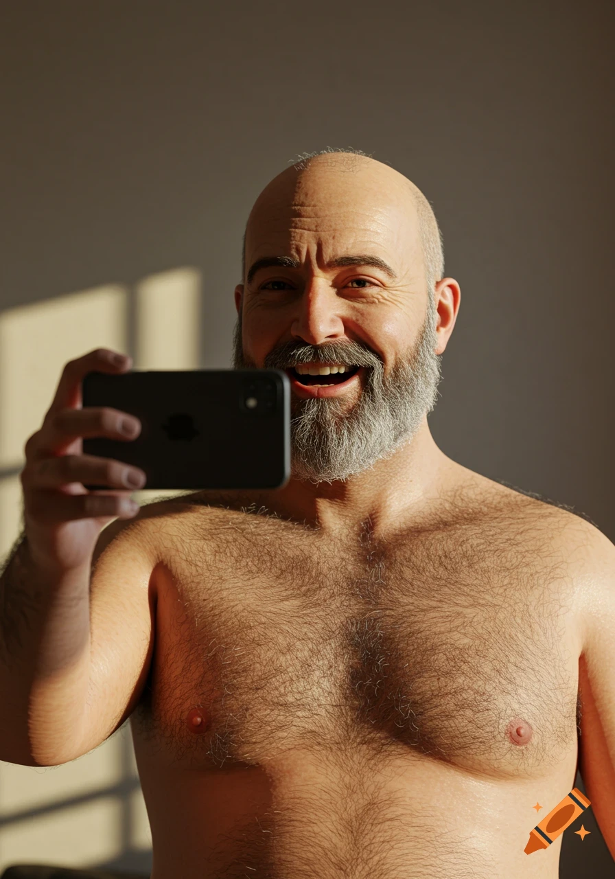 A smiling, shirtless, bald, and bearded man takes a photorealistic selfie.