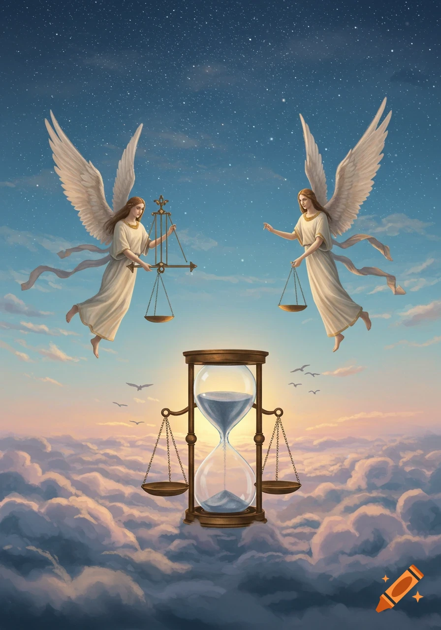 Two winged angels float in a starry sky above clouds, holding scales, with a large hourglass between them.