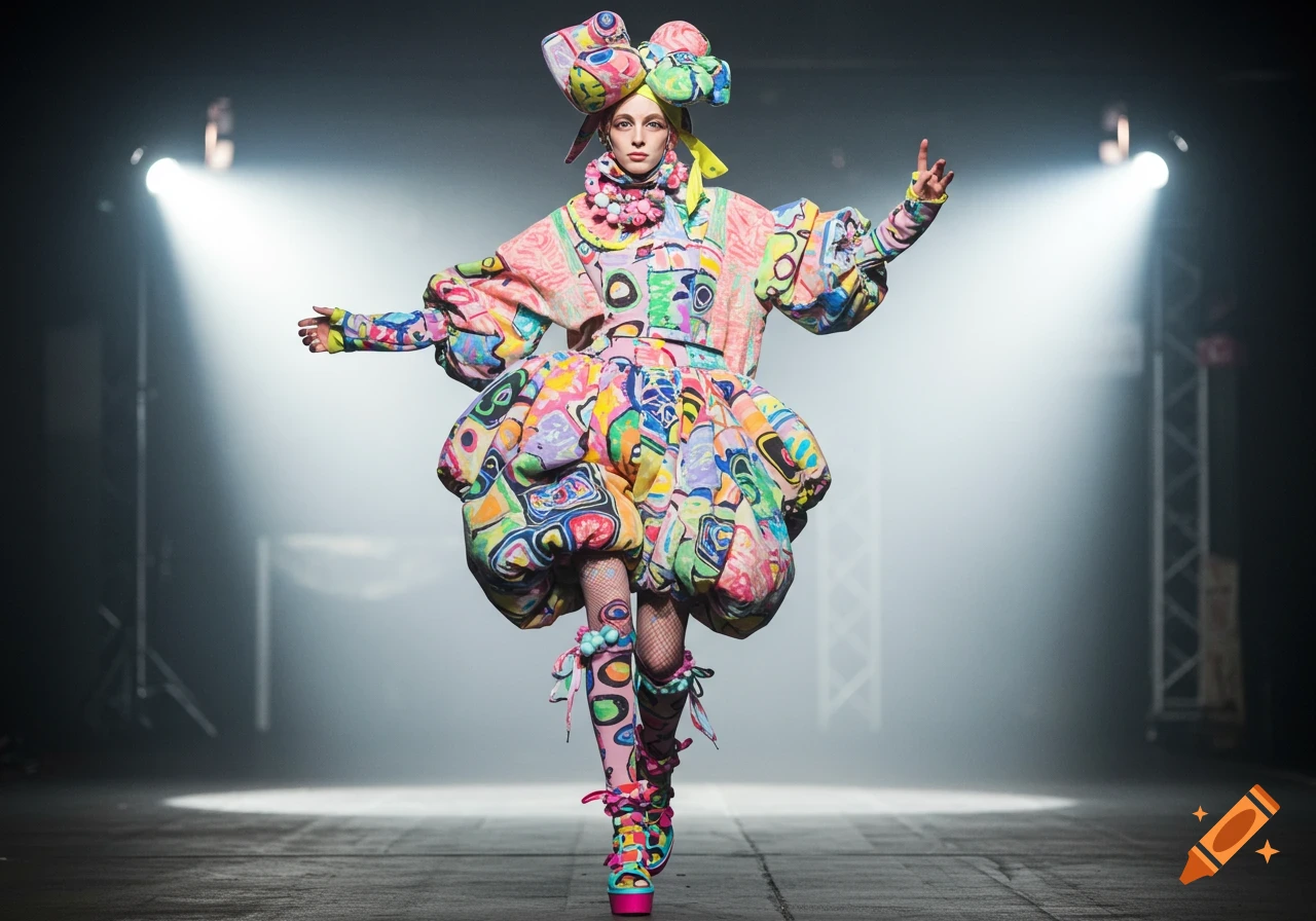 A model in a voluminous, colorful, abstract, quirky fashion outfit and headpiece walks down a brightly lit runway.