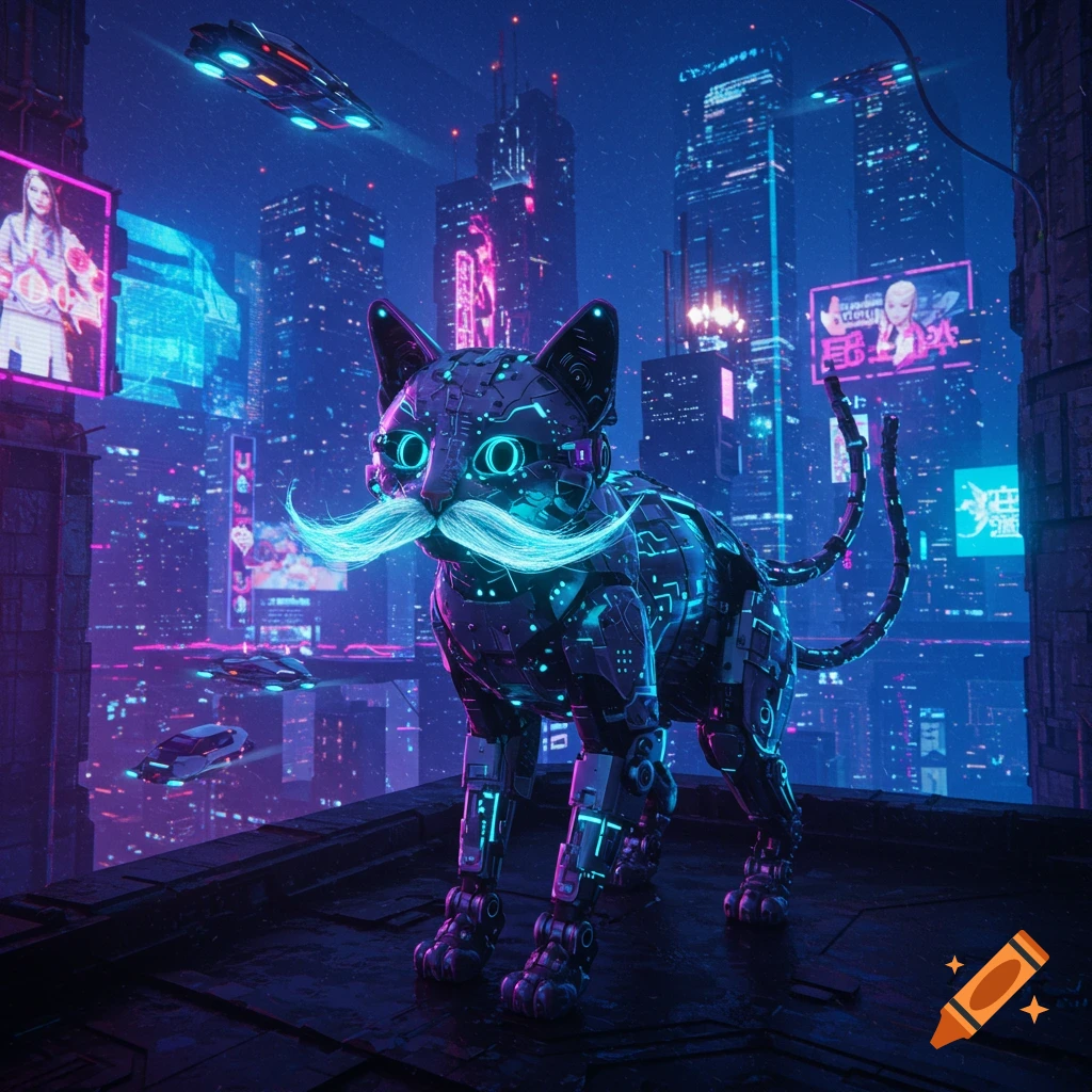 A neon cyber cat with glowing mustaches stands on a rooftop in a futuristic cyberpunk city with flying vehicles.