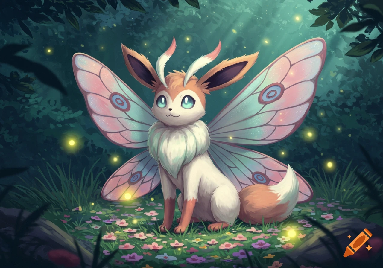A cute moth-like Eeveelution with large pink and blue wings sits among glowing fireflies and flowers in a whimsical dark forest.