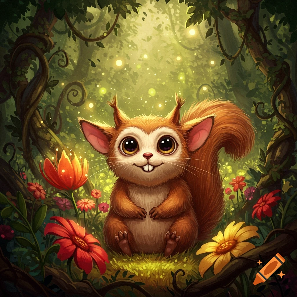 A whimsical, big-eyed, cartoon squirrel sits in a magical forest surrounded by glowing lights and colorful flowers.