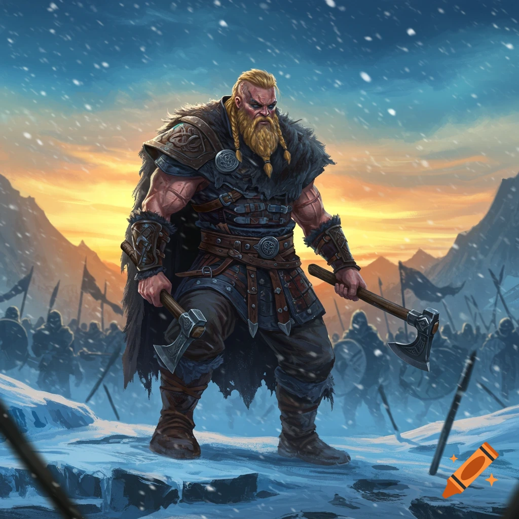 A muscular Viking warrior with a braided blonde beard and fur armor, holding two axes, standing in a snowy landscape with an army behind him against a sunset sky.
