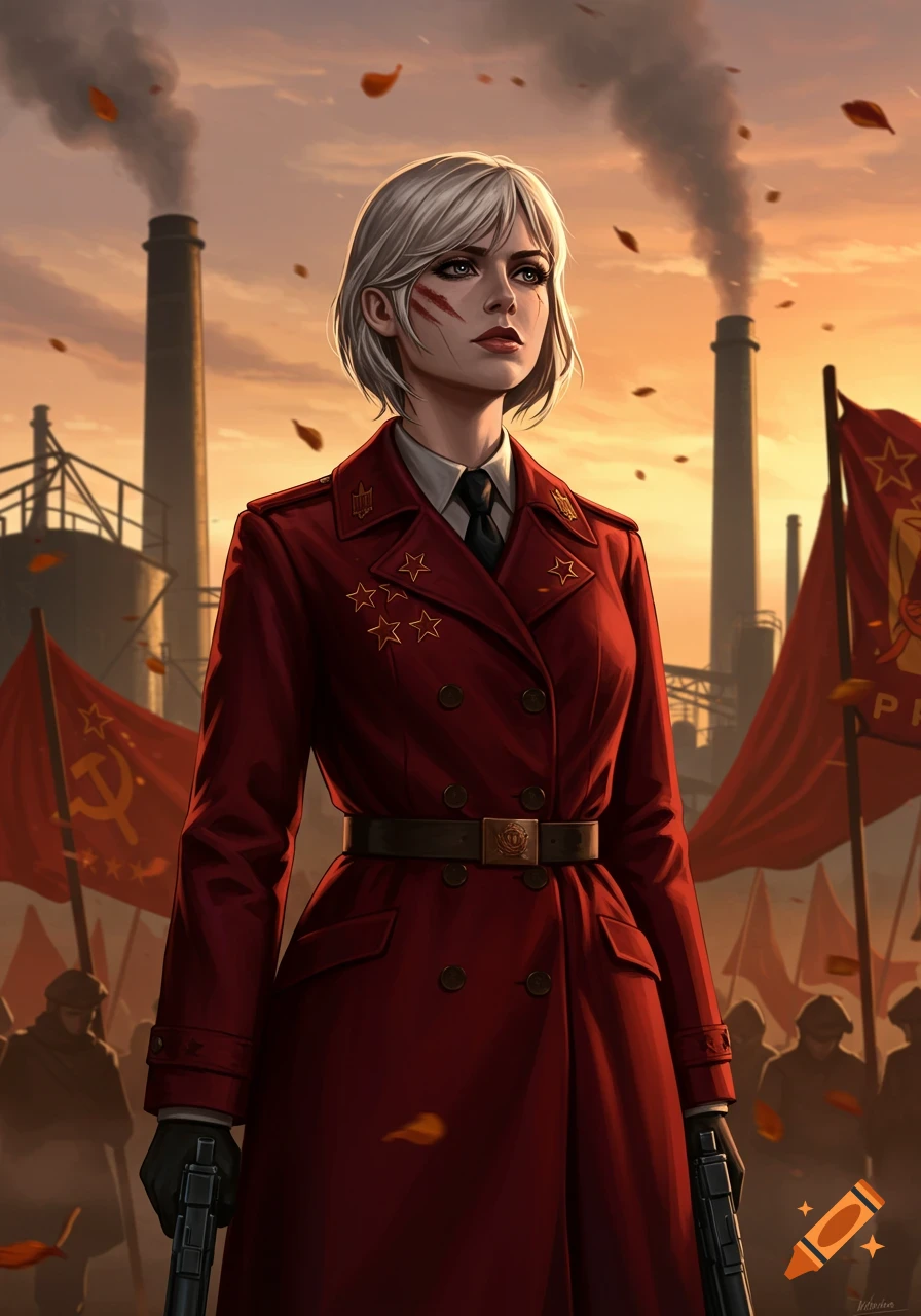 A stylized portrait of a woman with short white hair and facial scars, in a red military-style coat, holding two guns. She stands before smoking industrial smokestacks and red communist flags at sunset.