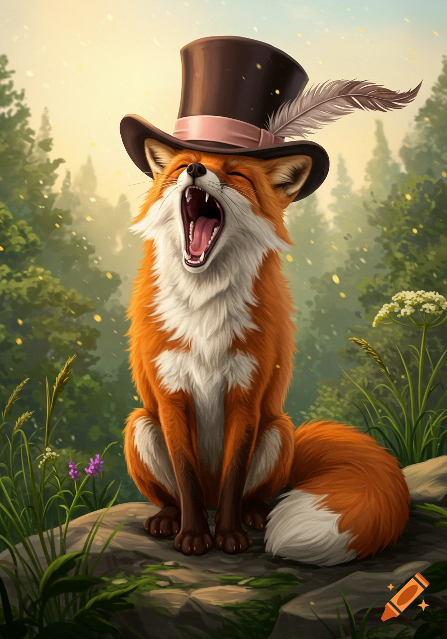 An illustrated orange fox wearing a brown top hat with a feather, yawning widely while sitting in a vibrant green forest.