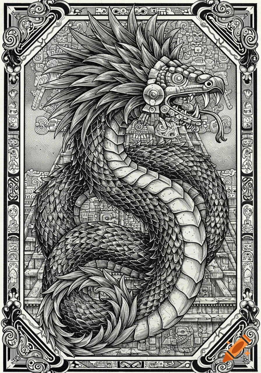 Black and white engraving of Quetzalcoatl, a feathered serpent, coiled within an ornate frame with Mesoamerican motifs.