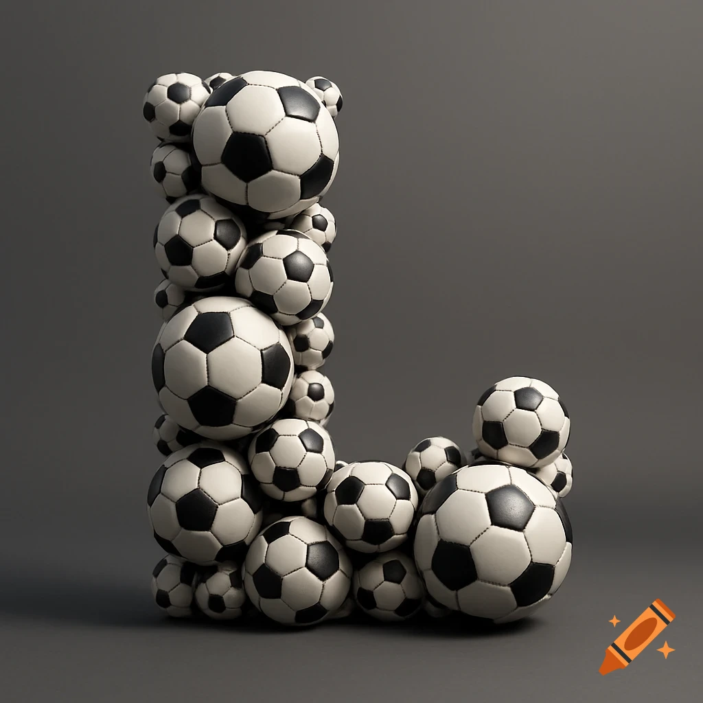 The letter L composed of many black and white soccer balls on a dark gray background.