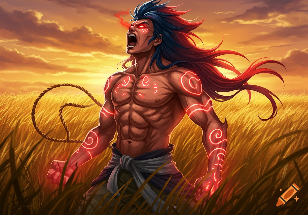 Anime illustration of a muscular warrior with red and blue hair, glowing red eyes and body marks, yelling in a sunset field.