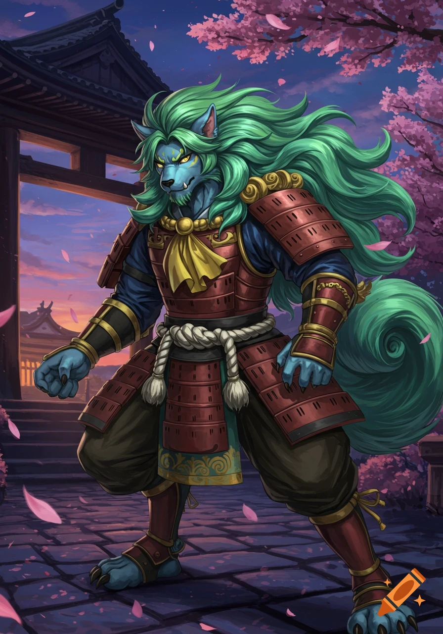 A blue furry samurai with long green hair and tail stands in front of a Japanese temple gate with pink cherry blossoms.