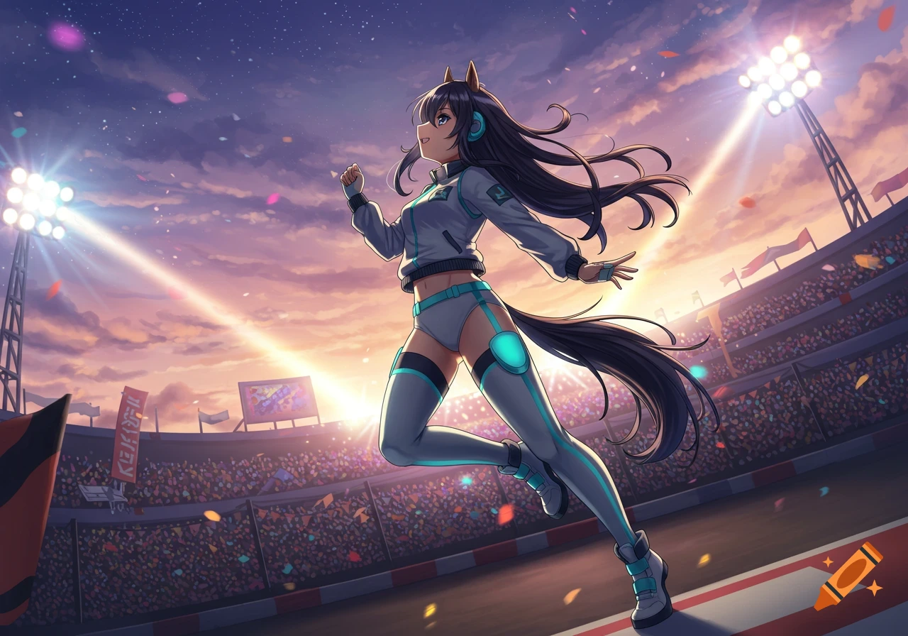 Anime horse girl in a sporty grey and teal outfit runs on a track in a brightly lit stadium at sunset.