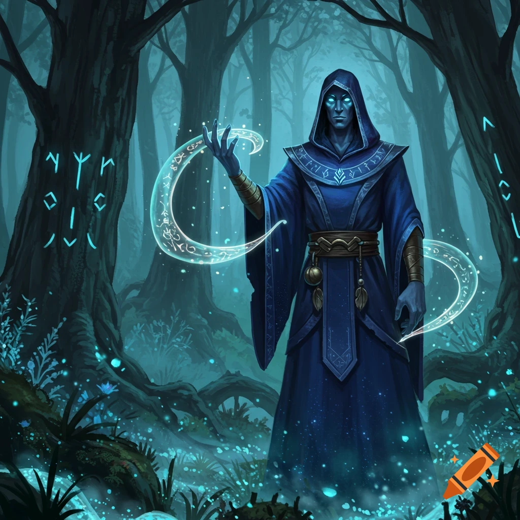 A dark-skinned, hooded figure with glowing blue eyes, dressed in blue robes, casts glowing runes in a mystical dark forest.