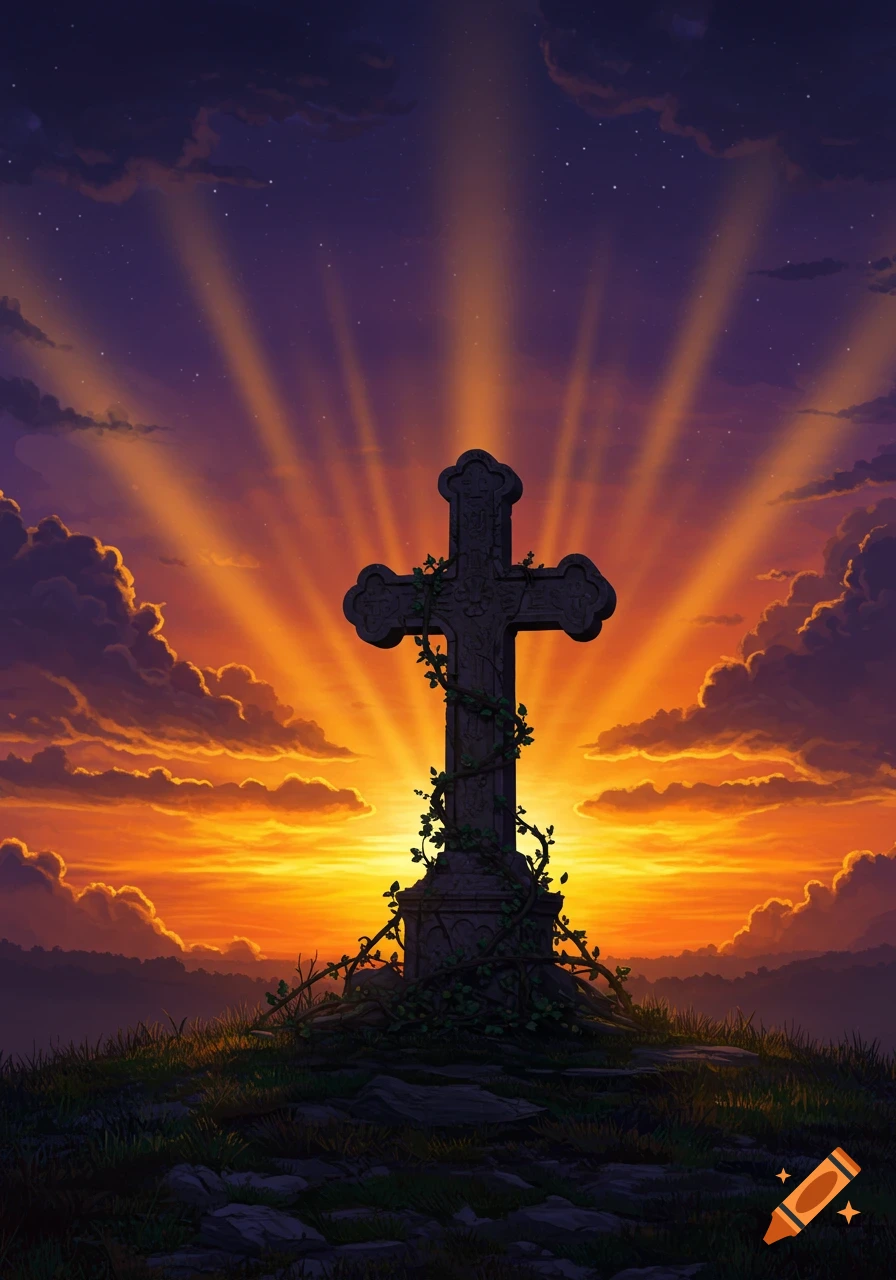 A stone cross covered in vines stands atop a hill at a vibrant orange and purple sunset with sun rays beaming upwards.