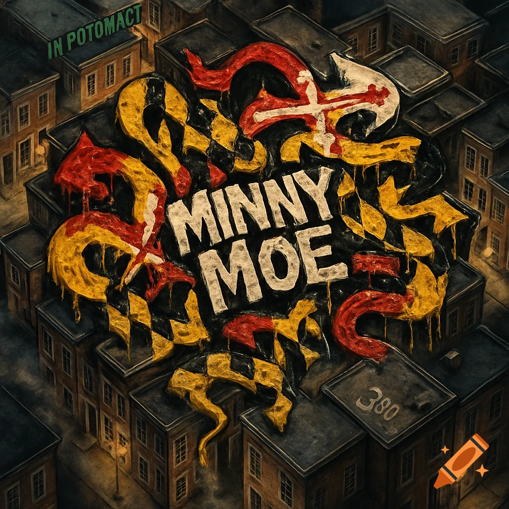 An aerial view of Baltimore rowhouses forming a graffiti maze. "MINNY MOE" is tagged boldly in the center, surrounded by Maryland flag colors.
