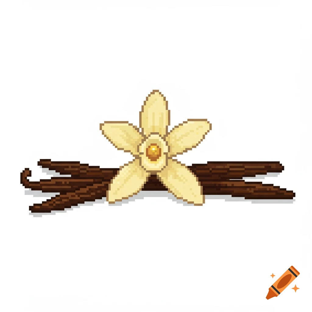 A pixel art illustration of a light yellow vanilla flower resting on several dark brown vanilla bean pods against a white background.