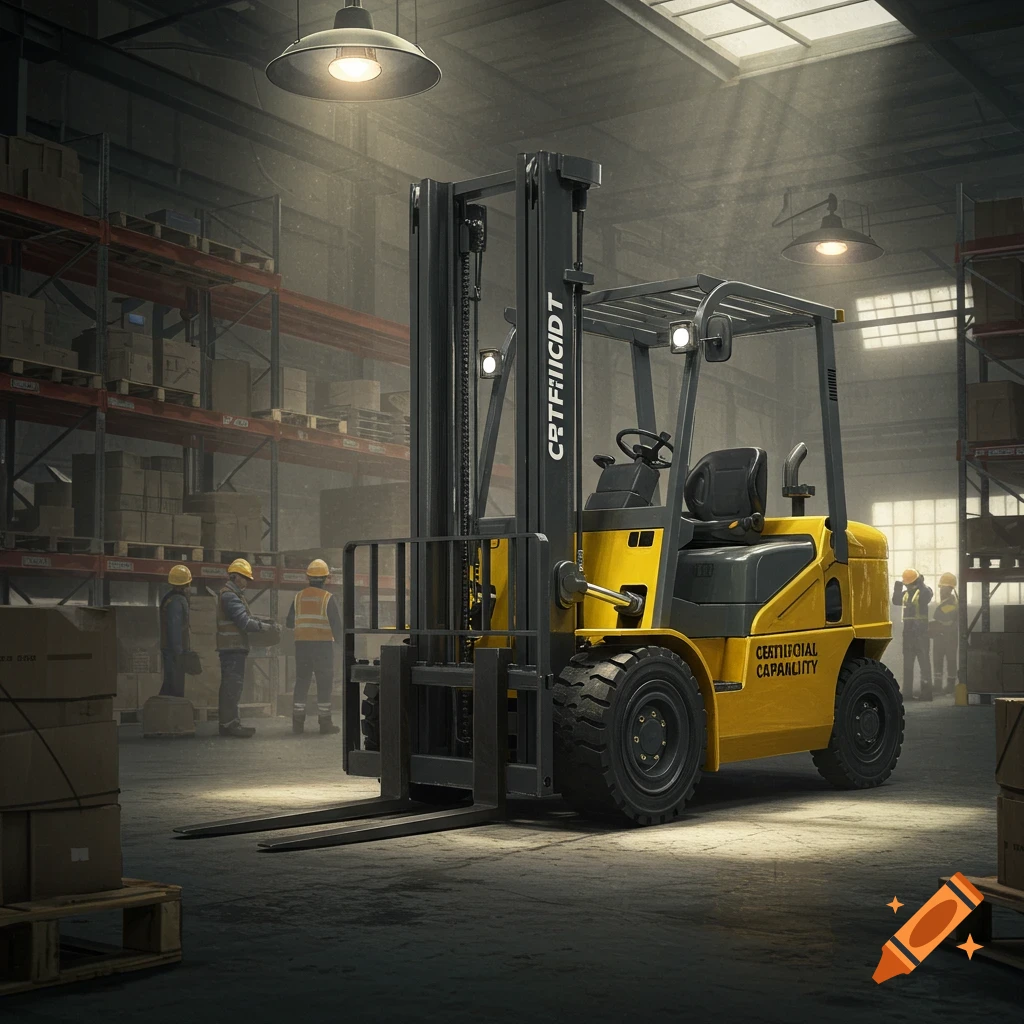 A photorealistic yellow and black forklift stands in a dimly lit warehouse with workers and shelves of boxes in the background.