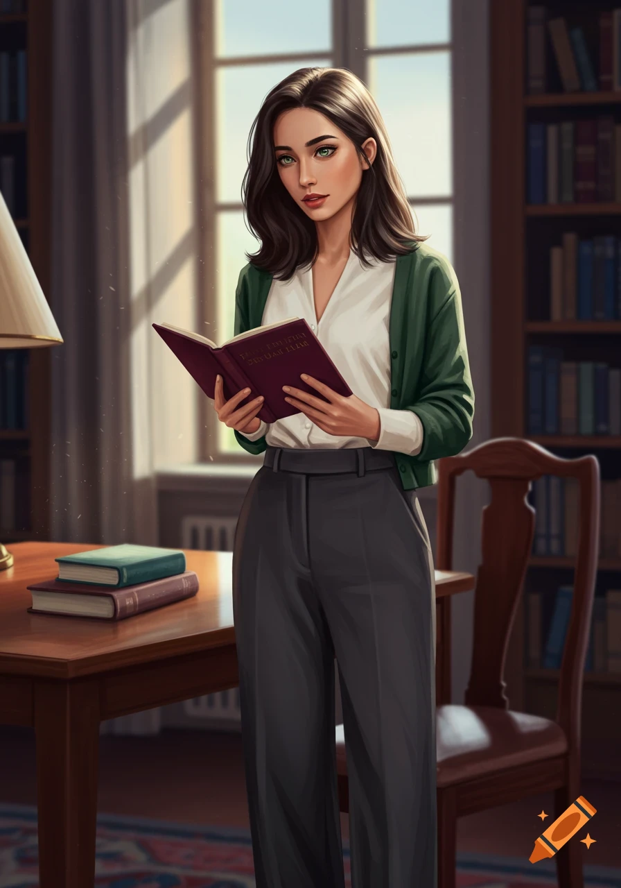 A dark-haired woman in a green cardigan reads a book in a sunlit library, with bookshelves and a desk behind her.