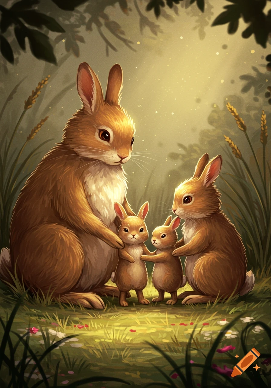 An illustration of a family of brown bunnies, two adults and two babies, in a sun-dappled forest clearing.