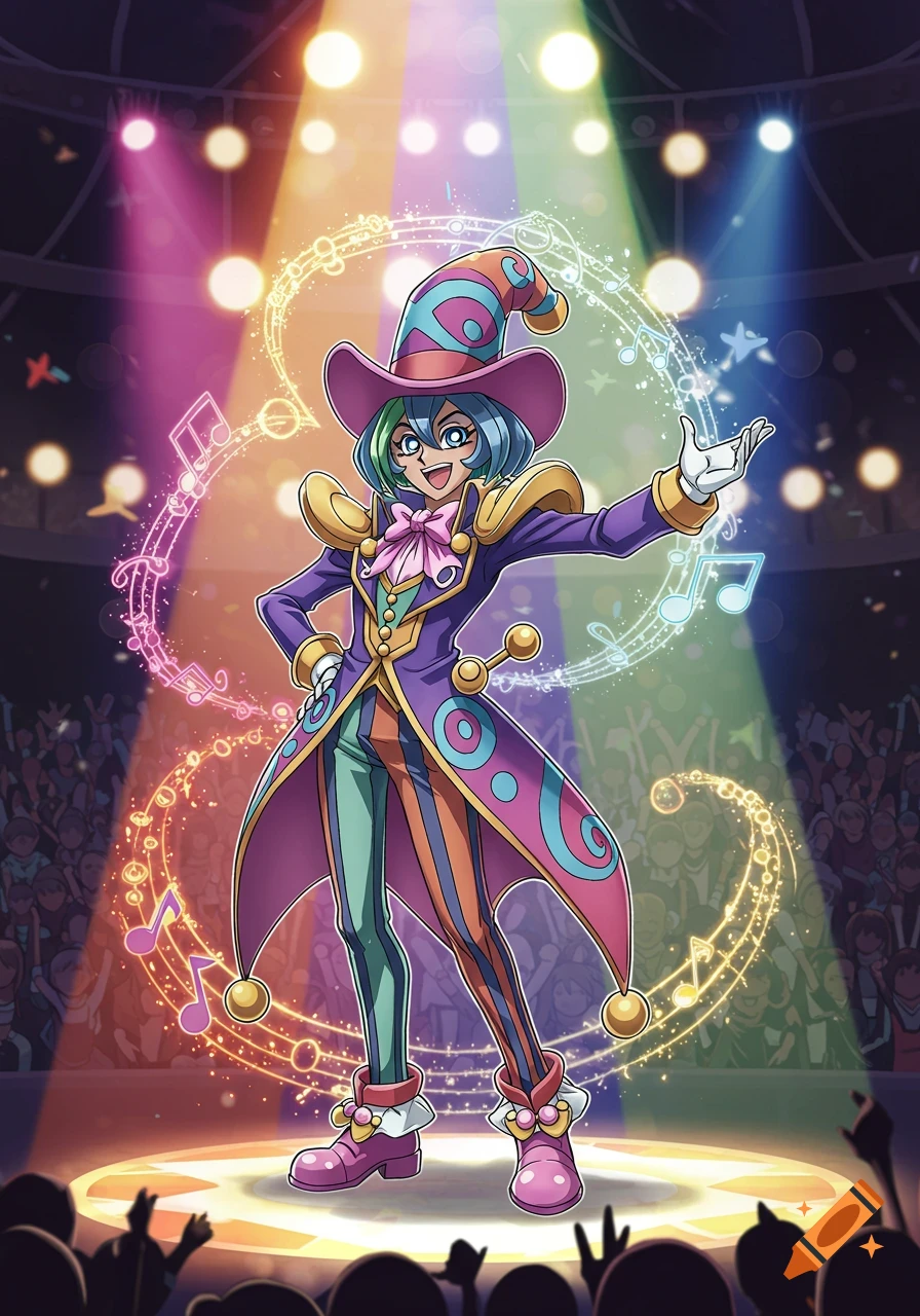 Colorful anime jester character on a stage, performing under spotlights with musical notes.