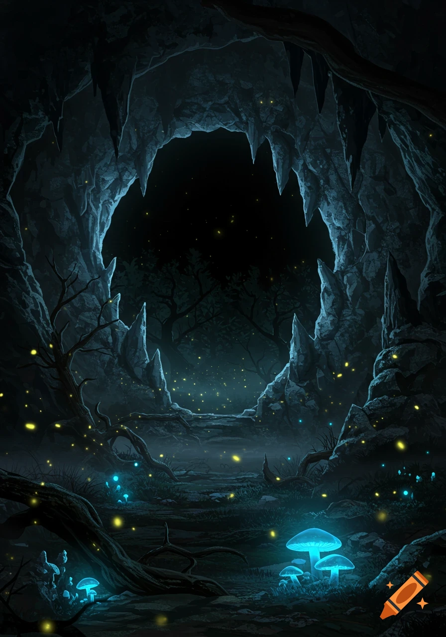Dark fantasy cave entrance at night, illuminated by glowing blue mushrooms and yellow fireflies.