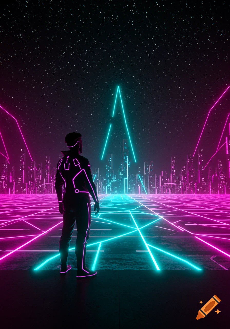 A person in a glowing suit stands on a neon grid, looking at a futuristic cityscape under a starry sky, in a cyberpunk style with cyan and magenta lights.