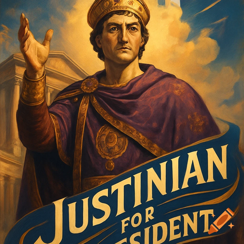 A painting of an emperor-like man with a crown and purple toga, raising a hand. A blue banner reads "JUSTINIAN FOR PRESIDENT".