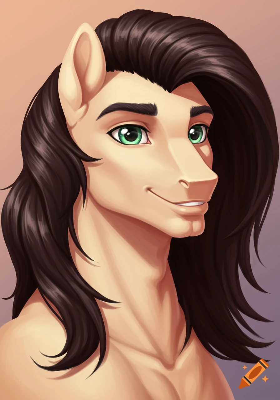 Close-up of a masculine male pony character in My Little Pony style, with cream fur, long dark brown hair, and green eyes.