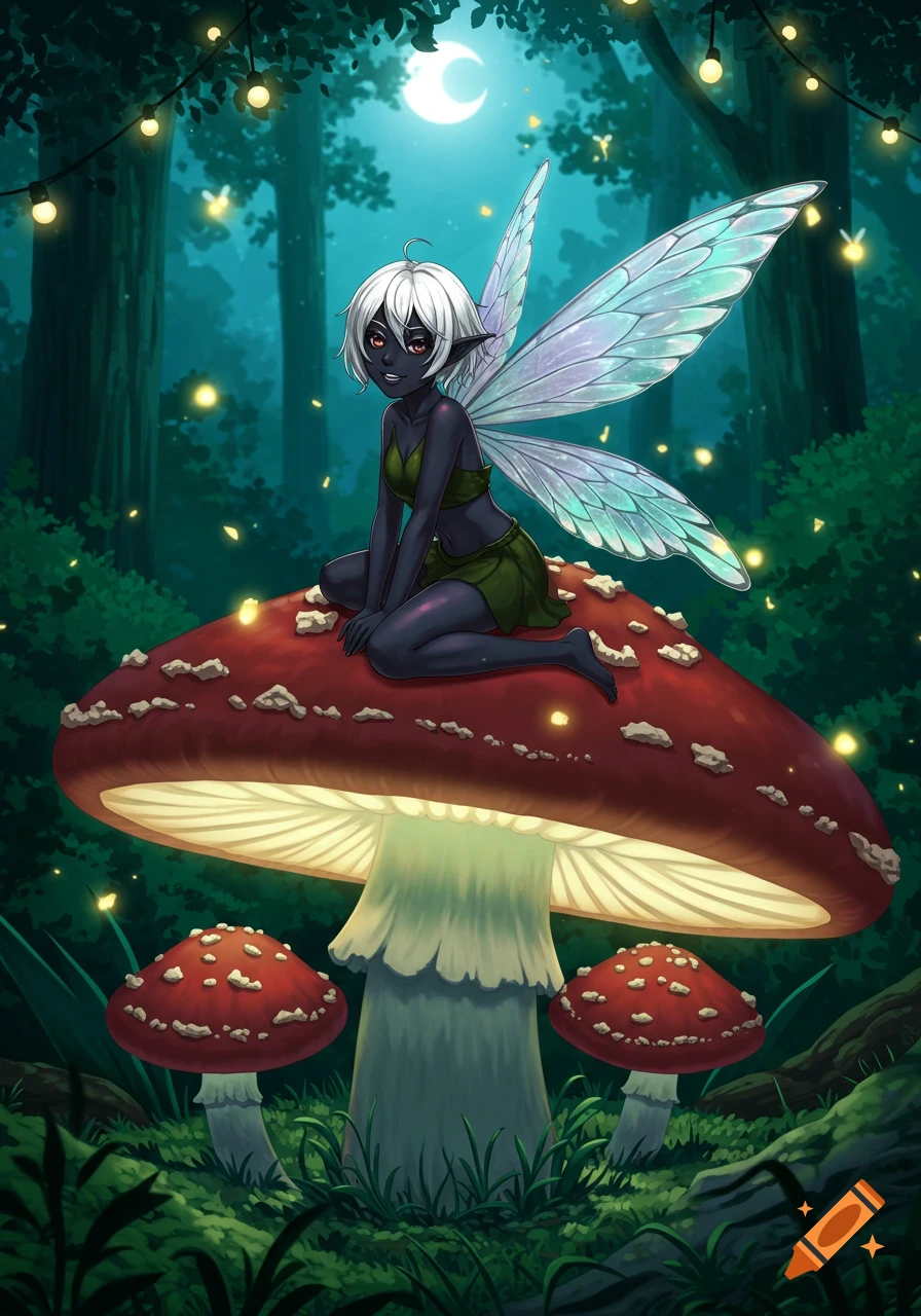 A mischievous black anime fairy with white hair sitting on a large red mushroom in a moonlit forest with fireflies.