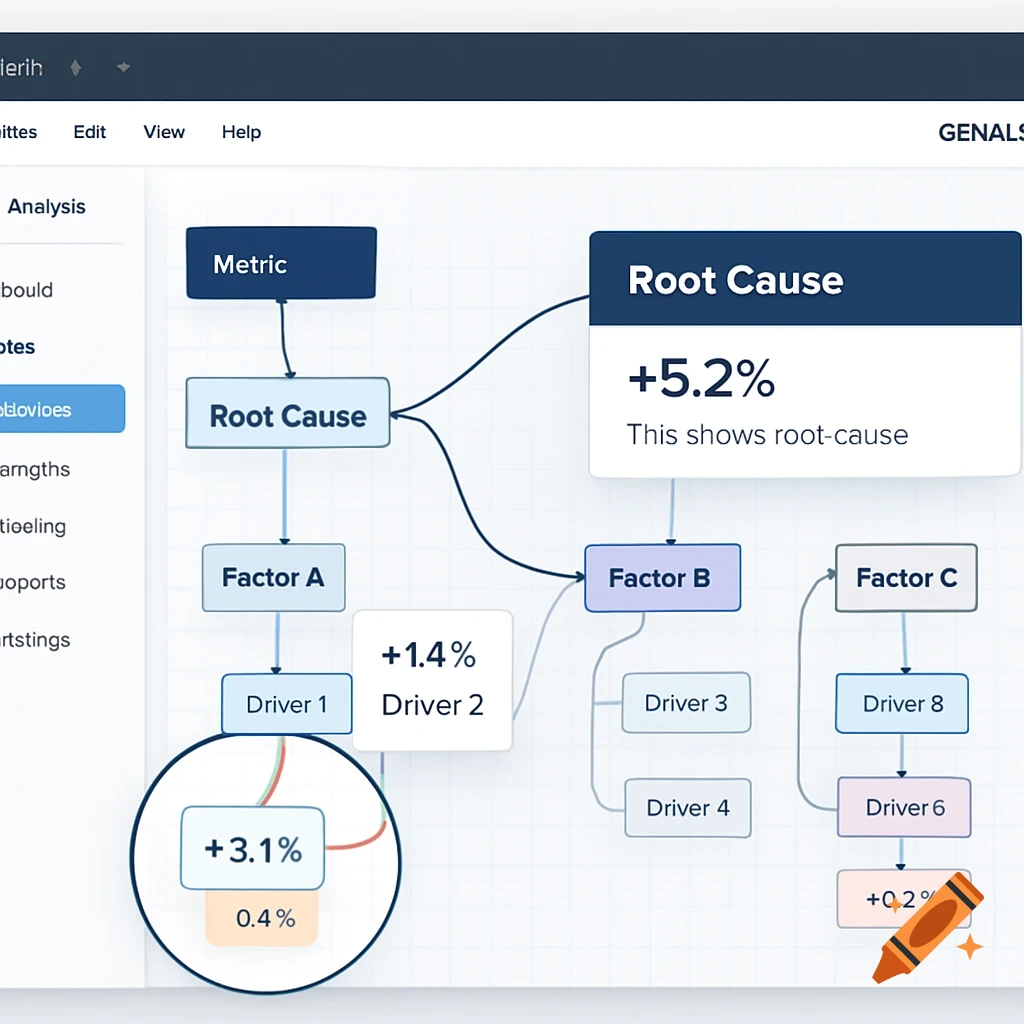 A web application screenshot displaying a root cause analysis diagram with interconnected factors, drivers, and percentage changes, along with a sidebar menu.