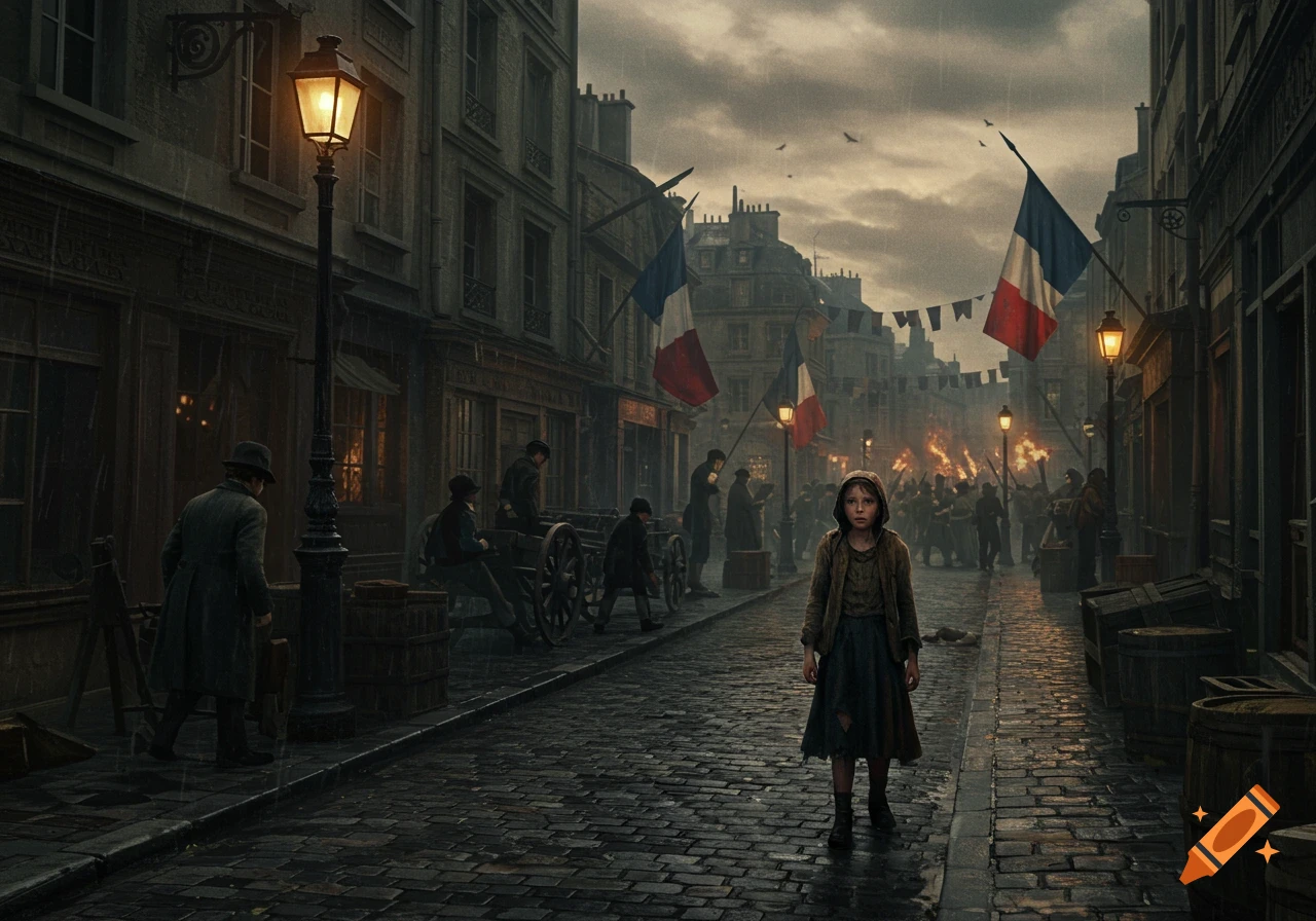 A young girl stands on a cobblestone street in a somber, rainy city with French flags and a crowd with torches in the background, evoking a historical uprising.