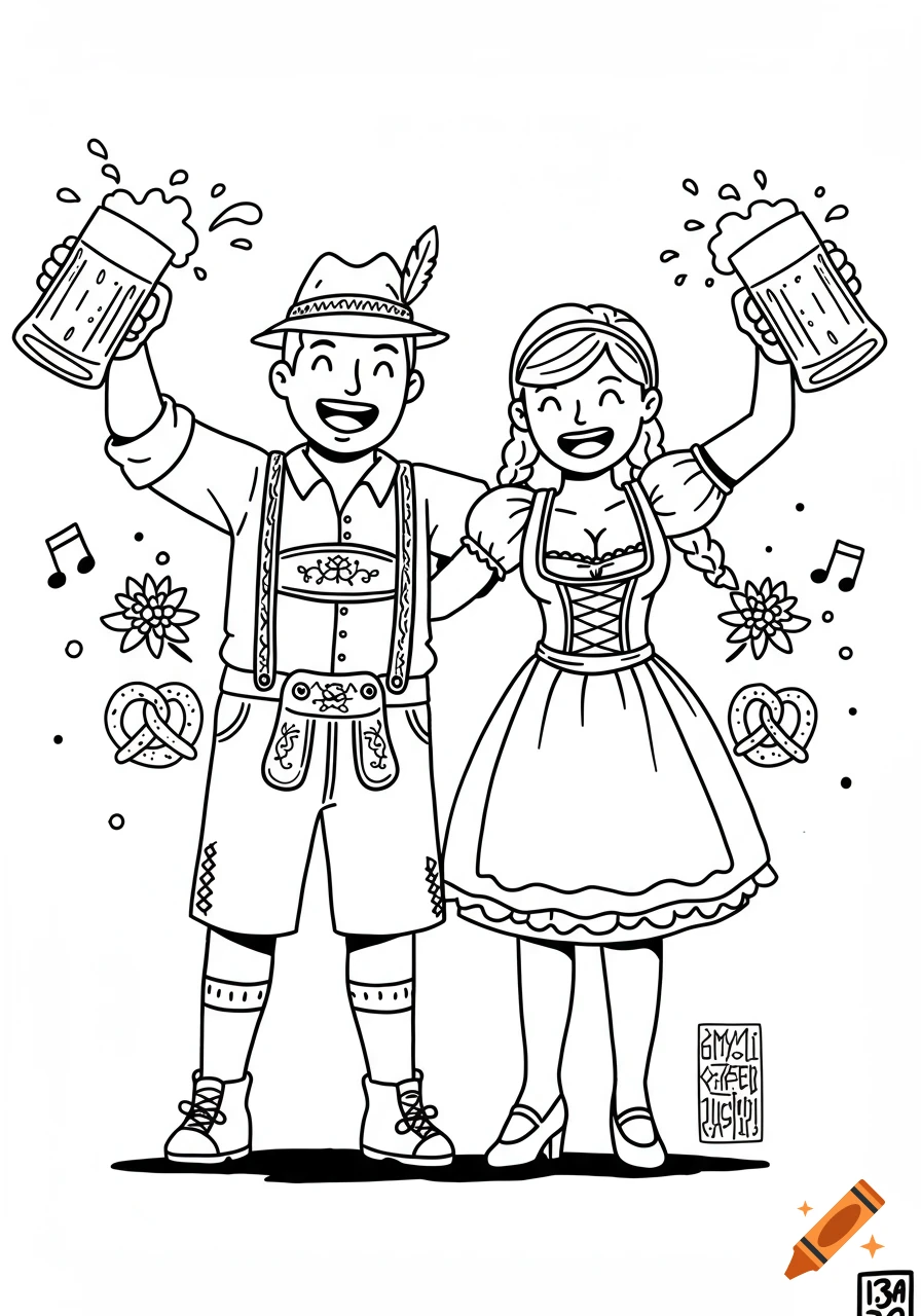Black and white cartoon outline of a happy man and woman in Oktoberfest attire, cheering with beer steins.