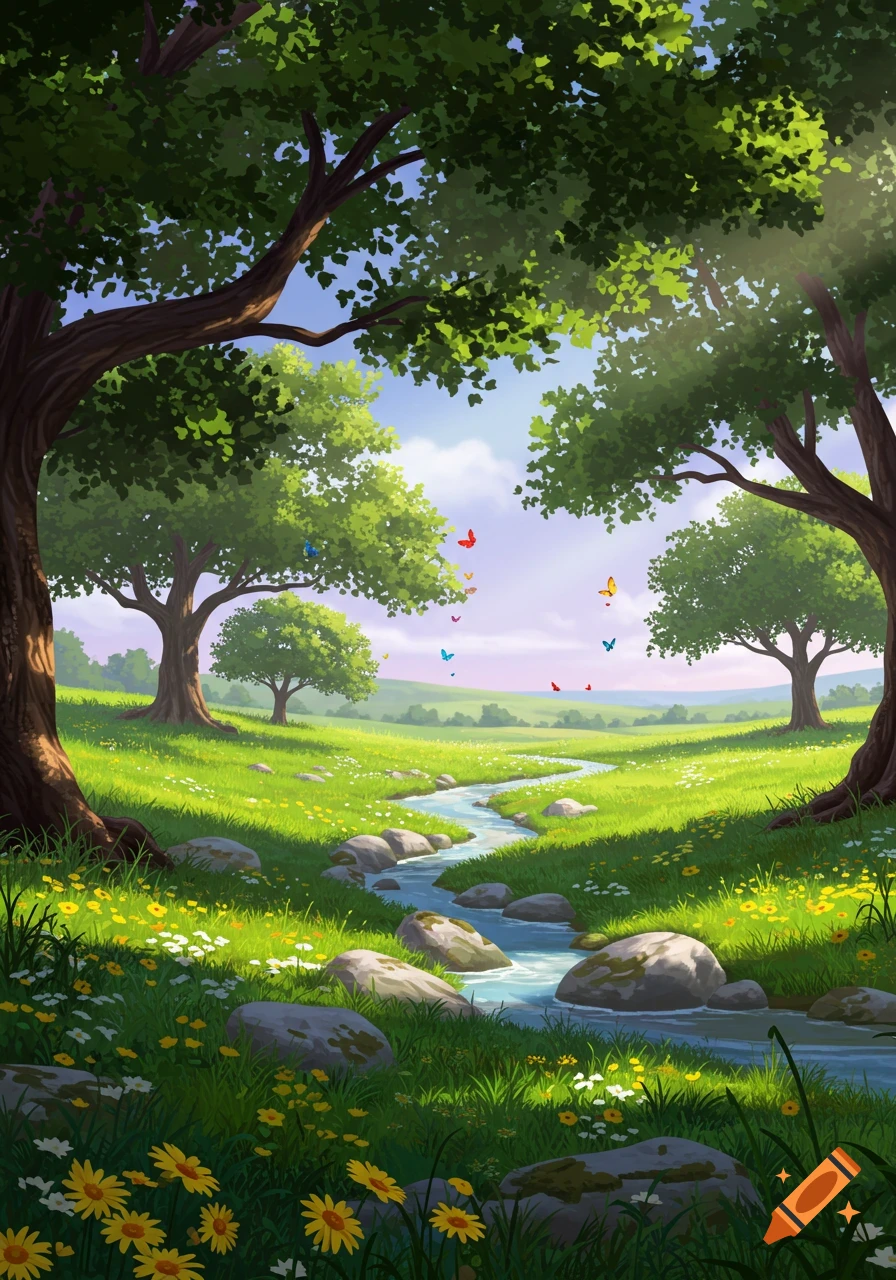 A vibrant green landscape with a winding stream, lush trees, colorful wildflowers, and butterflies under a bright sky.