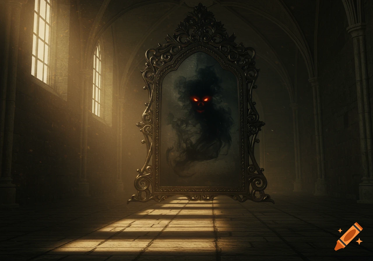 A dark gothic mirror reflects a black smoke monster with glowing red eyes in an atmospheric castle room, lit by window light and featuring film grain.