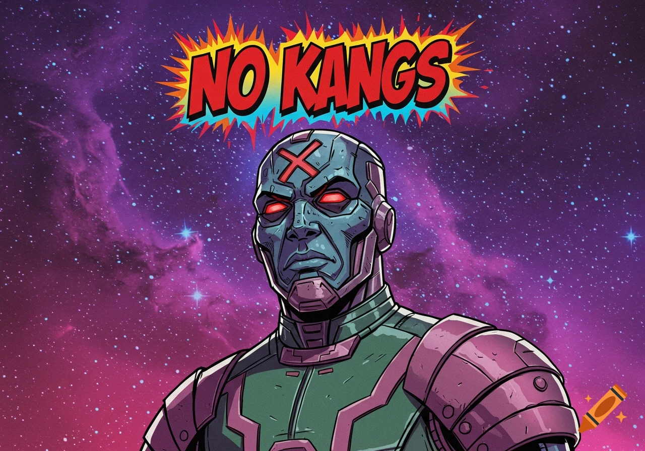 Comic book art of Kang the Conqueror, a blue-faced armored character with red glowing eyes, against a purple starry galaxy background. A vibrant comic bubble above his head reads "NO KANGS".