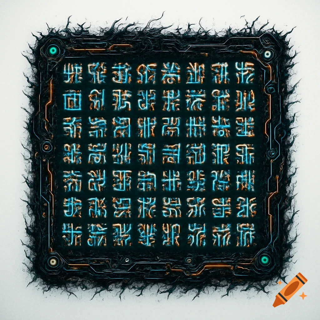 A dark, square digital display features glowing blue and orange alien characters arranged in a grid, framed by a jagged, textured border. The background is solid white.