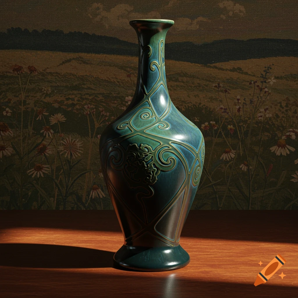 An ornate dark teal and green vase with swirling patterns sits on a wooden table, against a tapestry depicting a field.