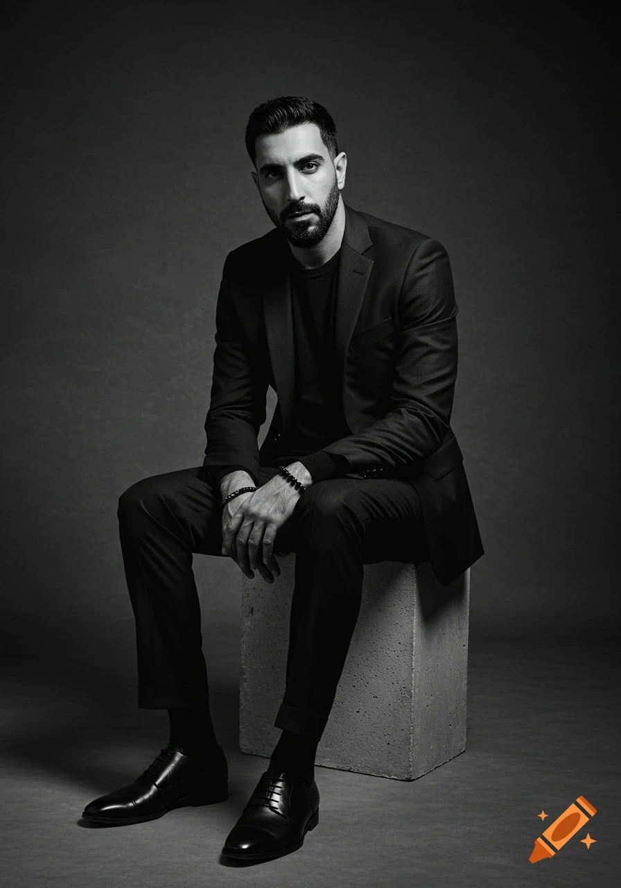 A black and white editorial portrait of a man with a beard wearing a dark suit, sitting on a concrete block.