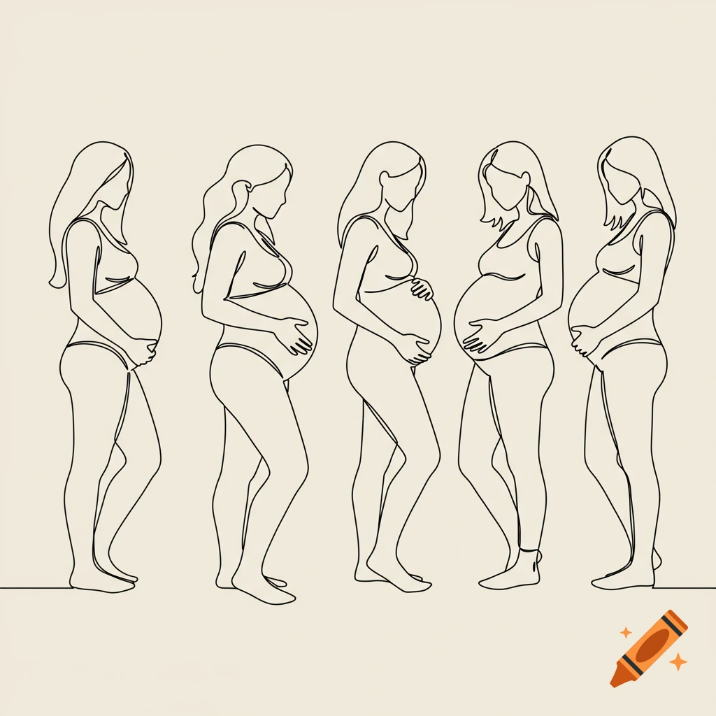 Minimalistic one-line art drawing of five pregnant women standing side by side.
