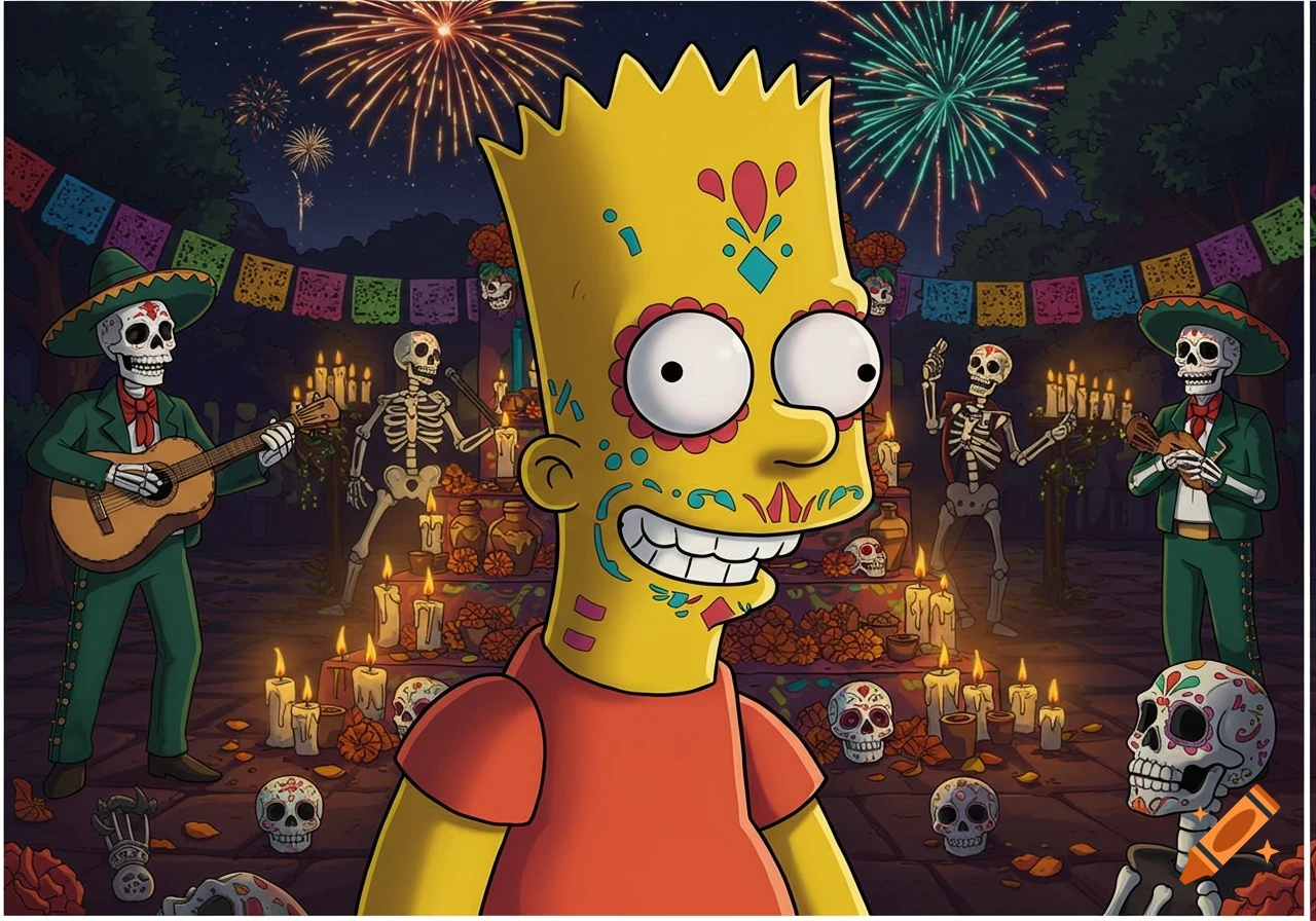 Bart Simpson with sugar skull face paint at a Day of the Dead fiesta, surrounded by skeletons, candles, and fireworks.