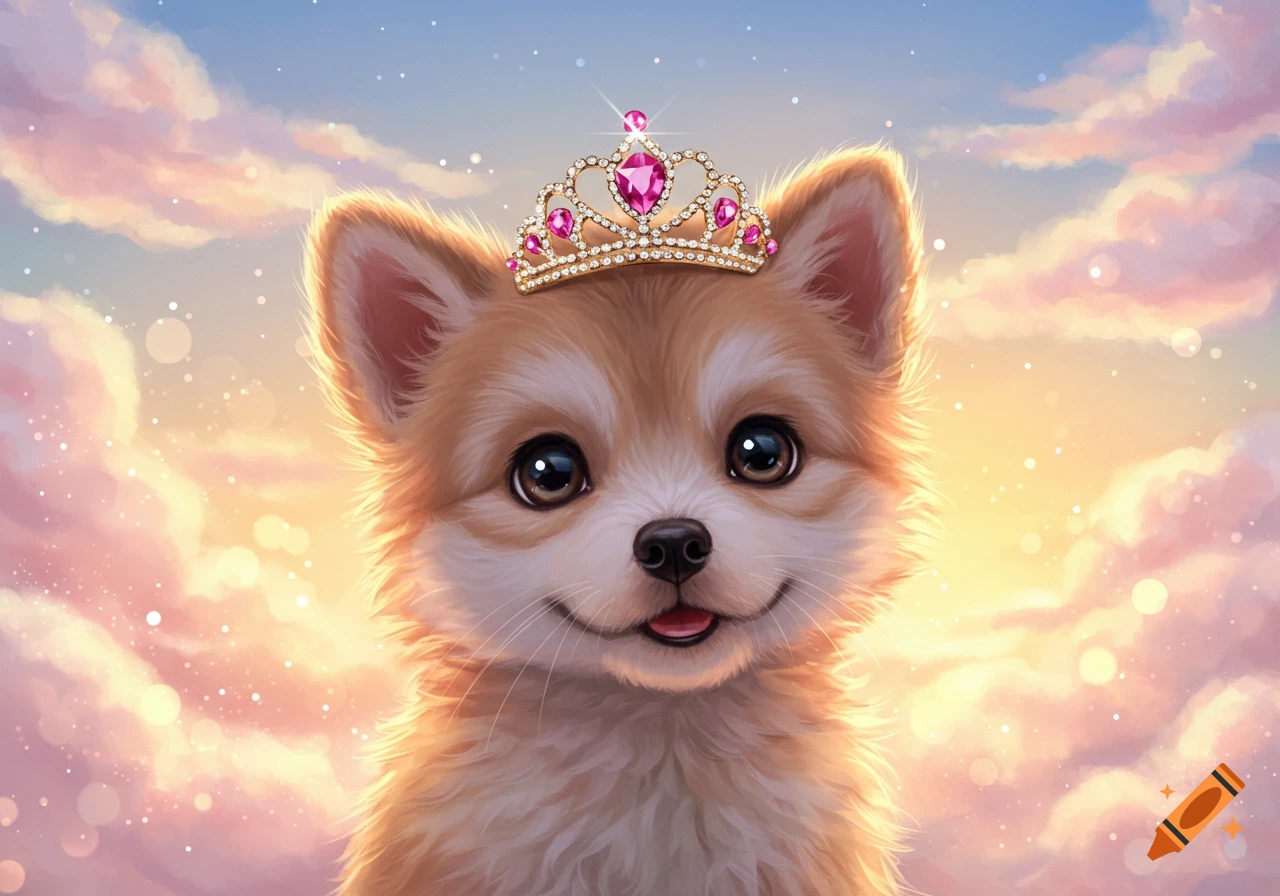 A cute fluffy puppy wearing a sparkling pink and gold crown against a dreamy pink and blue cloudy sky with sparkling light.