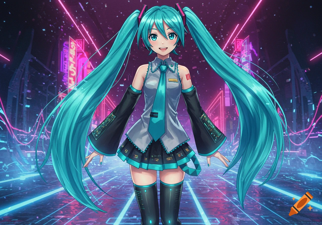 Hatsune Miku in a blue and gray outfit, with long turquoise pigtails, stands in a neon-lit cyberpunk cityscape.