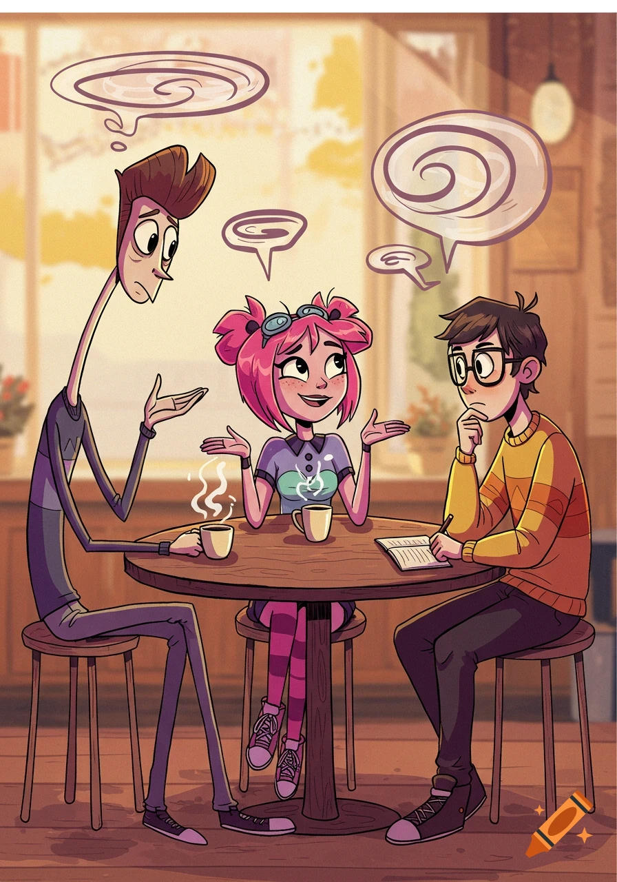 A cartoon illustration of three distinct characters having a conversation at a table in a cafe, with thought bubbles above their heads.