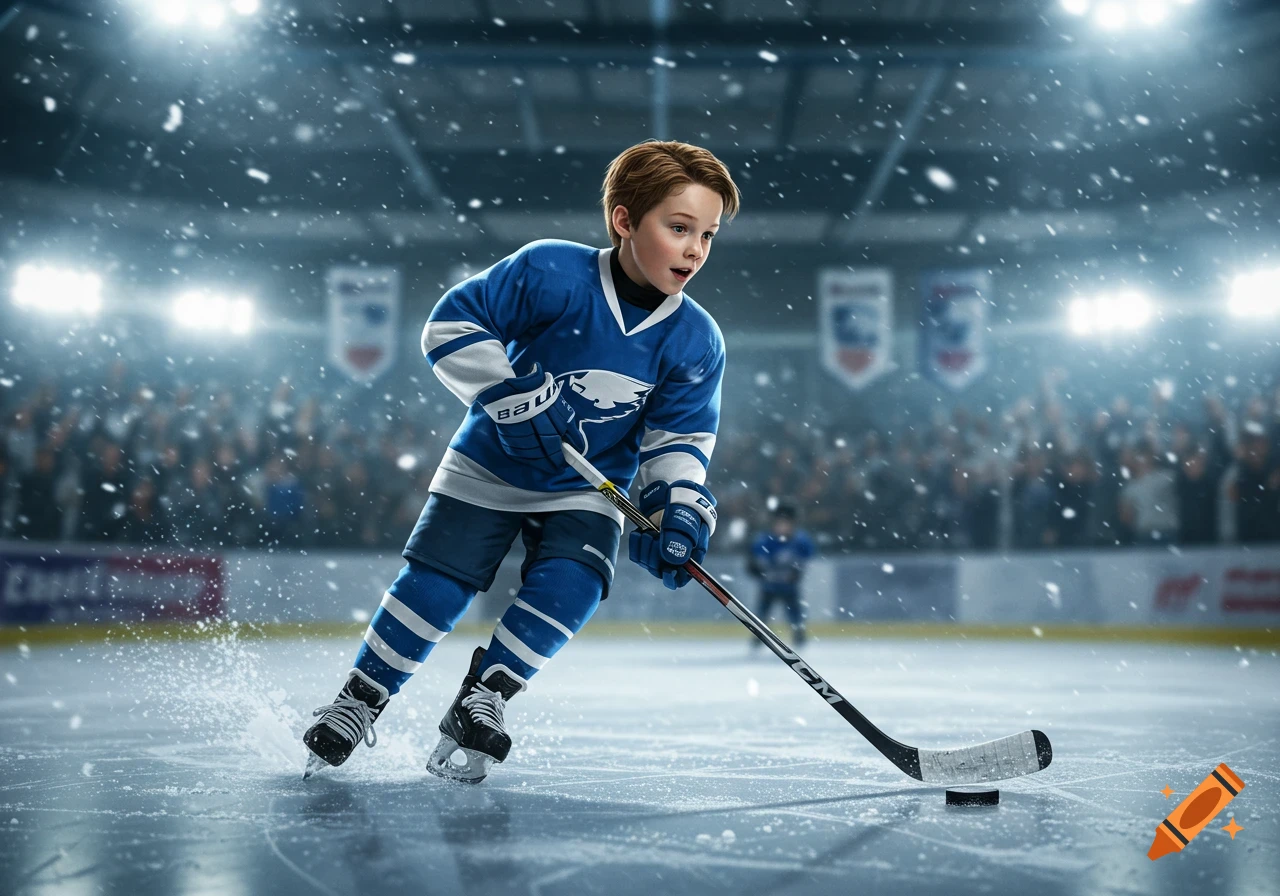Photorealistic image of a young boy in blue and white hockey gear skating on ice with a stick and puck in a snowy arena.