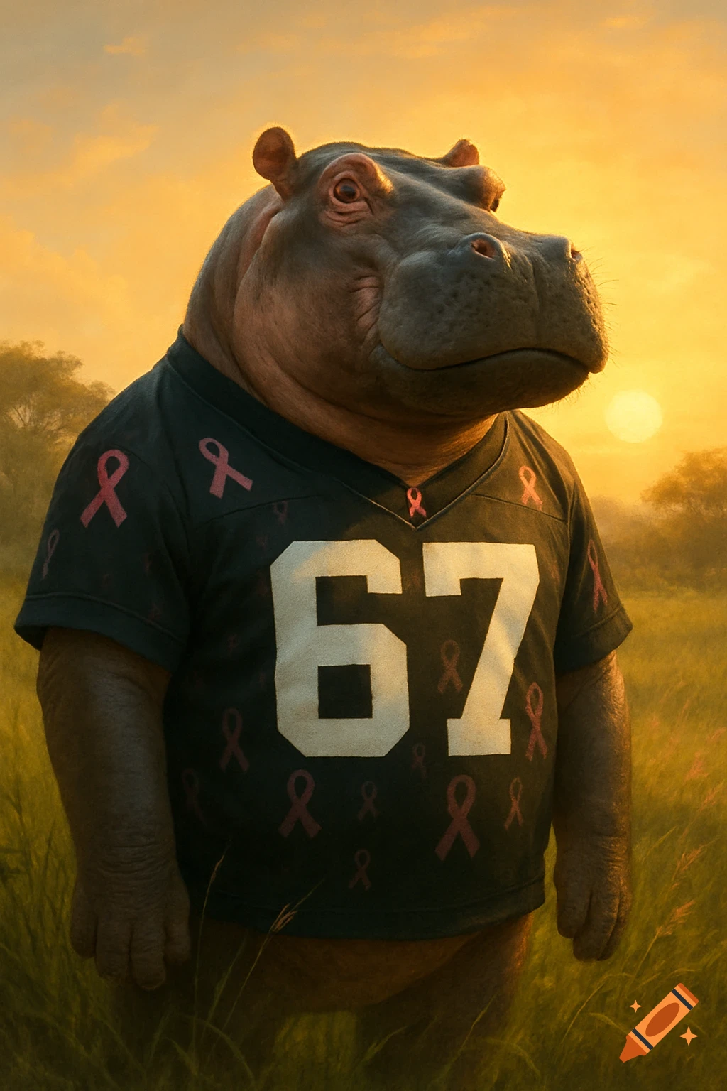 A photorealistic hippo in a black football jersey with "67" and pink ribbons, in a grassy field at sunset.