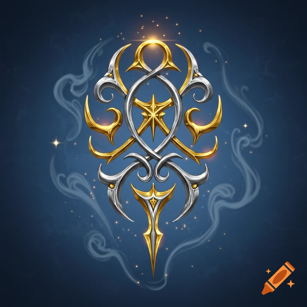 Shiny, ornate gold and silver fantasy symbol against a dark blue background with wispy smoke.