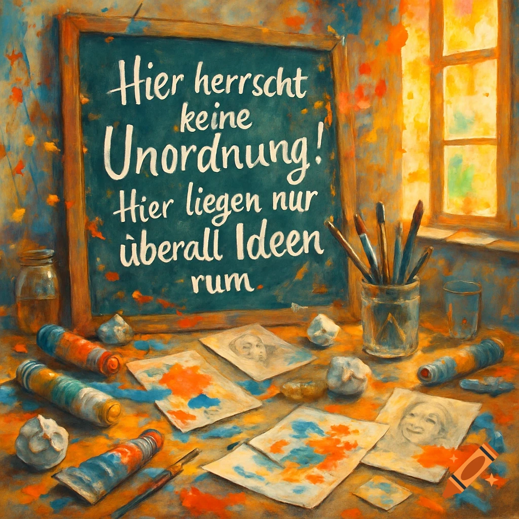 A colorful, painterly art studio scene featuring a chalkboard with the German text 'Hier herrscht keine Unordnung! Hier liegen nur überall Ideen rum.', surrounded by paint tubes and sketches.